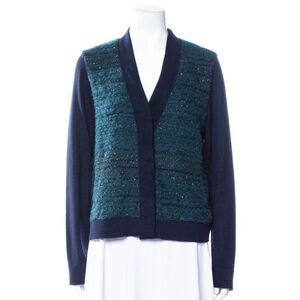 Tory Burch Knit Merino Wool Blue Cardigan Sweater Jacket Pocket S Luxury Soft